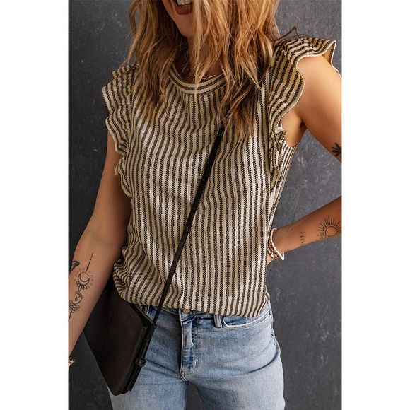 Azura Exchange  Khaki Striped Crew Neck Ruffled Tank Top - Picture 4 of 15